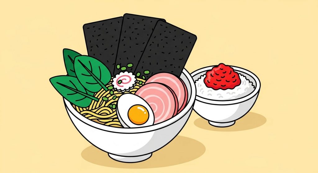 関西 家系ラーメン ― ほうれん草・海苔・チャーシューと豆板醤のトッピング