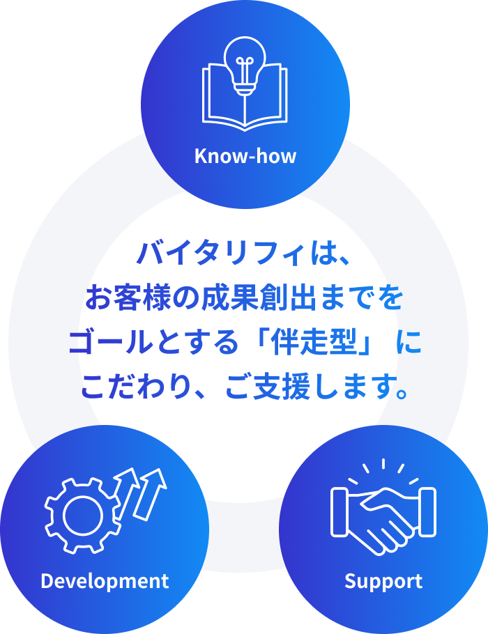 バイタリフィは、お客様の成果創出までをゴールとする「伴走型」 にこだわり、ご支援します。
